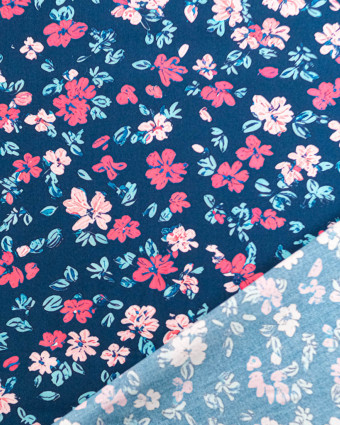 Tissu Viscose Ecovero Bleu Motif Floral Fuchsia - Mercerine