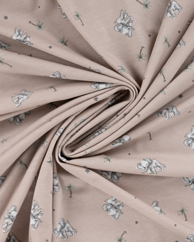 Tissu Jersey Imprimé Petit Elephant Taupe - Mercerine
