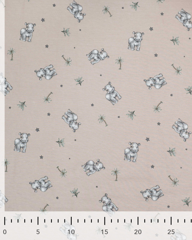 Tissu Jersey Imprimé Petit Hippopotame Taupe - Mercerine