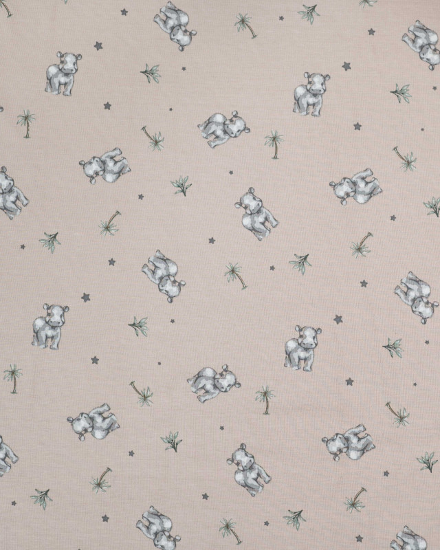 Tissu Jersey Imprimé Petit Hippopotame Taupe - Mercerine