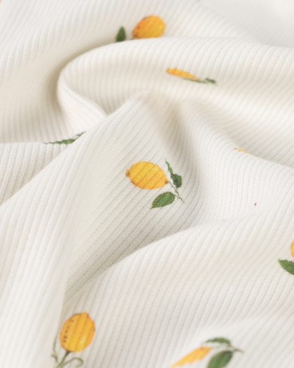 Tissu Jersey Mini Côtelé Ecru Petits Citrons - Mercerine