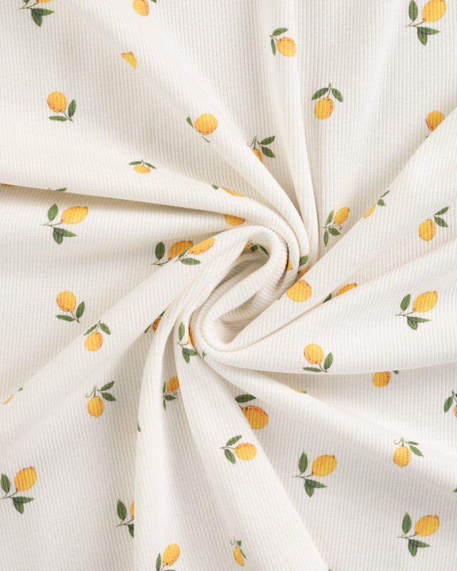 Tissu Jersey Mini Côtelé Ecru Petits Citrons - Mercerine