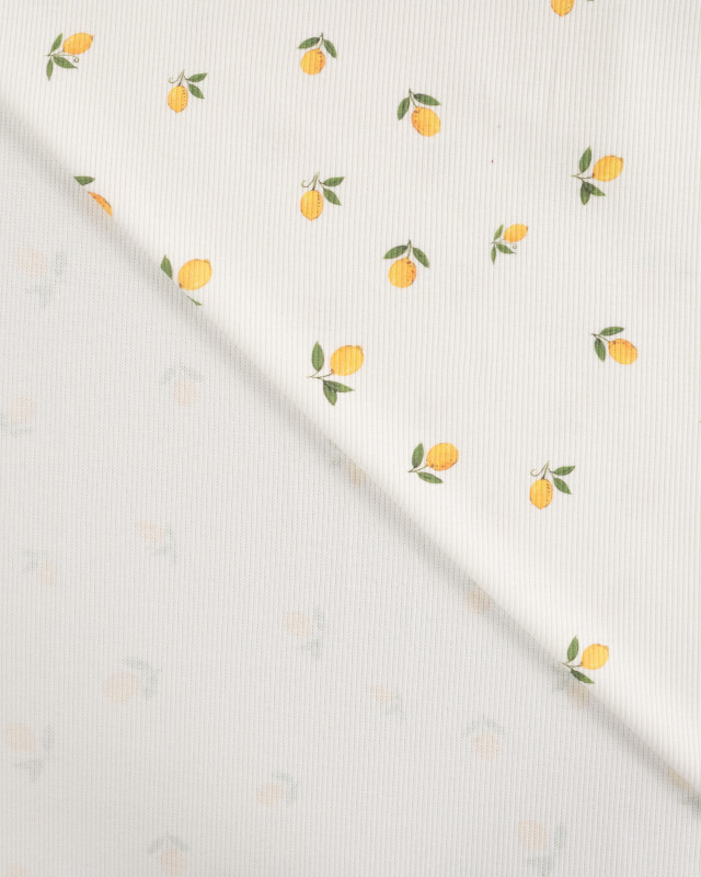 Tissu Jersey Mini Côtelé Ecru Petits Citrons - Mercerine