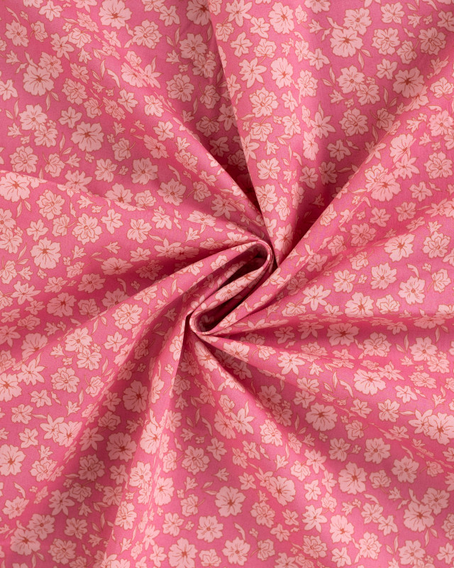 Tissu Popeline de Coton Rose Motif Fleuri Rose Clair - Mercerine