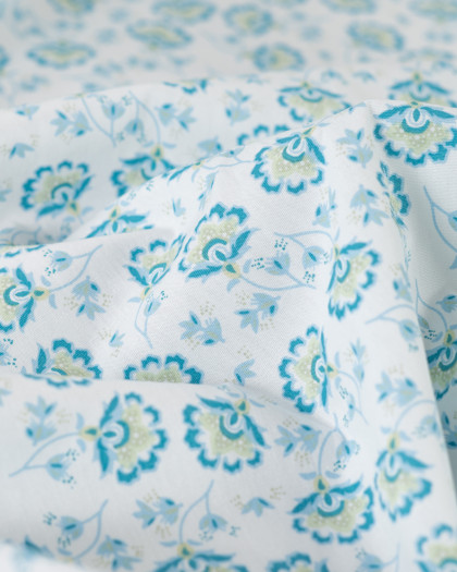 Tissu Popeline de Coton Petites Fleurs Indiennes Bleues - Mercerine