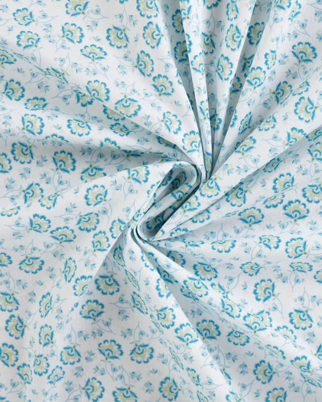 Tissu Popeline de Coton Petites Fleurs Indiennes Bleues - Mercerine
