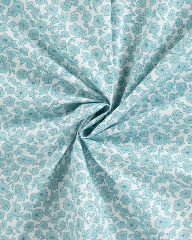 Tissu Popeline de Coton Ecru Motif Fleuri Bleu - Mercerine