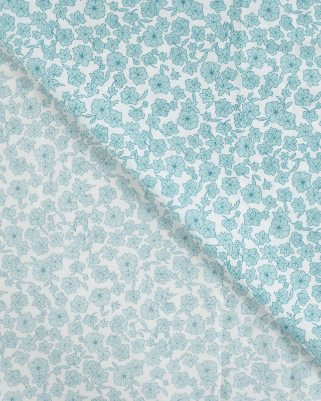 Tissu Popeline de Coton Ecru Motif Fleuri Bleu - Mercerine