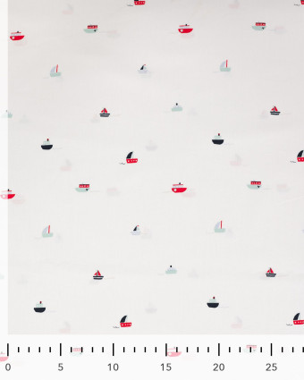 Popeline de Coton Ecrue Mini Bateaux Rouges et Bleues - Mercerine