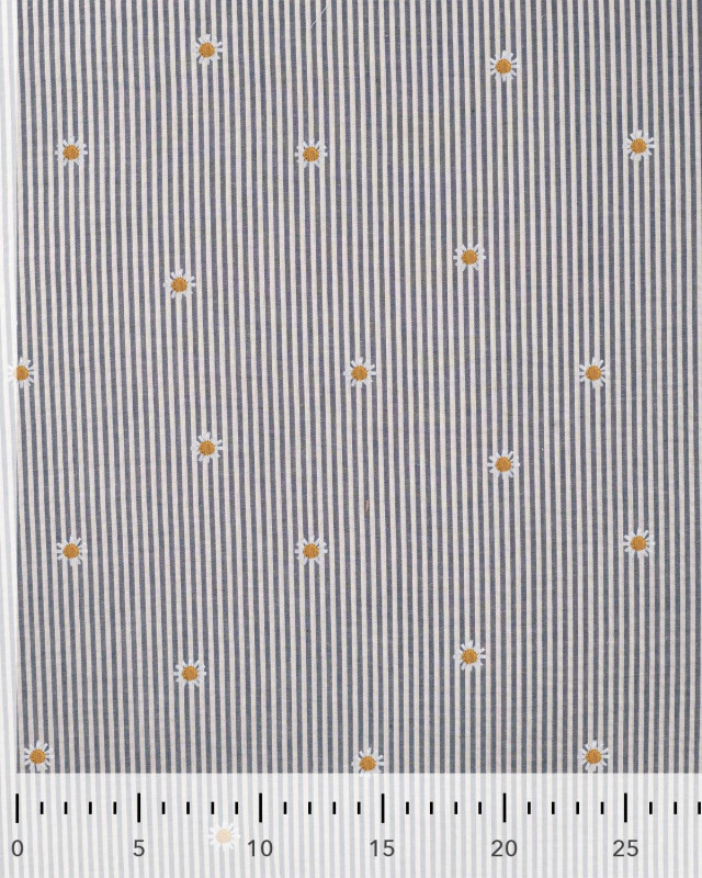 Seersucker à Rayures Bleu Marine Brodé Marguerite - Mercerine