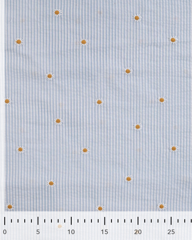 Seersucker à  Rayures Bleu Ciel Brodé Marguerite - Mercerine