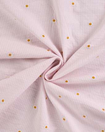 Seersucker à Rayures Rose Clair Brodé Marguerite - Mercerine