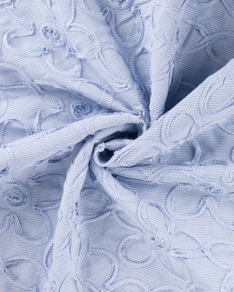 Coton à Rayures Bleues Fleurs Brodées Ton sur Ton - Mercerine