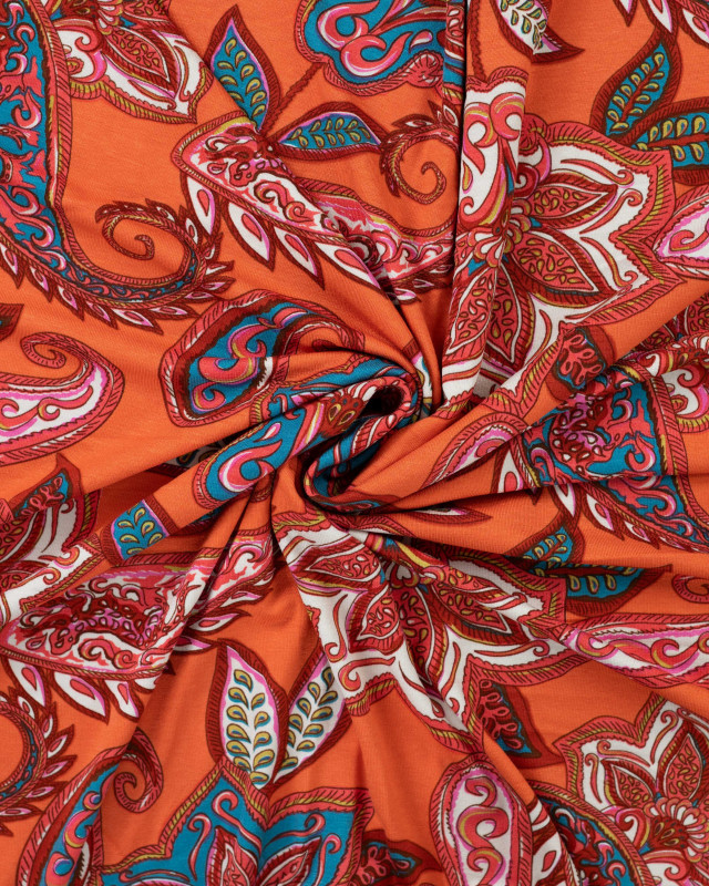 Jersey de Viscose Corail Motif Cachemire Rose et Bleu - Mercerine