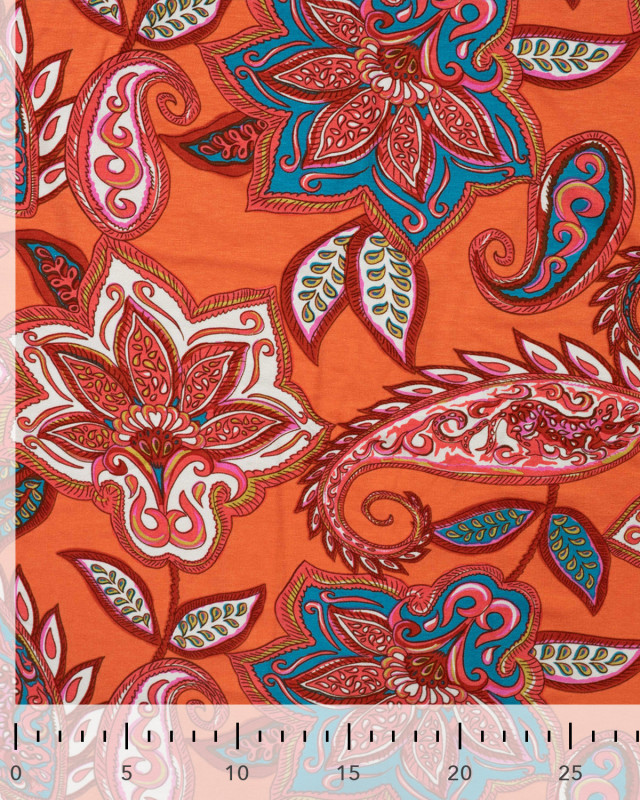 Jersey de Viscose Corail Motif Cachemire Rose et Bleu - Mercerine
