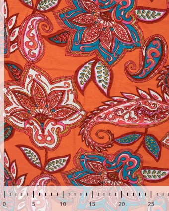 Jersey de Viscose Corail Motif Cachemire Rose et Bleu - Mercerine