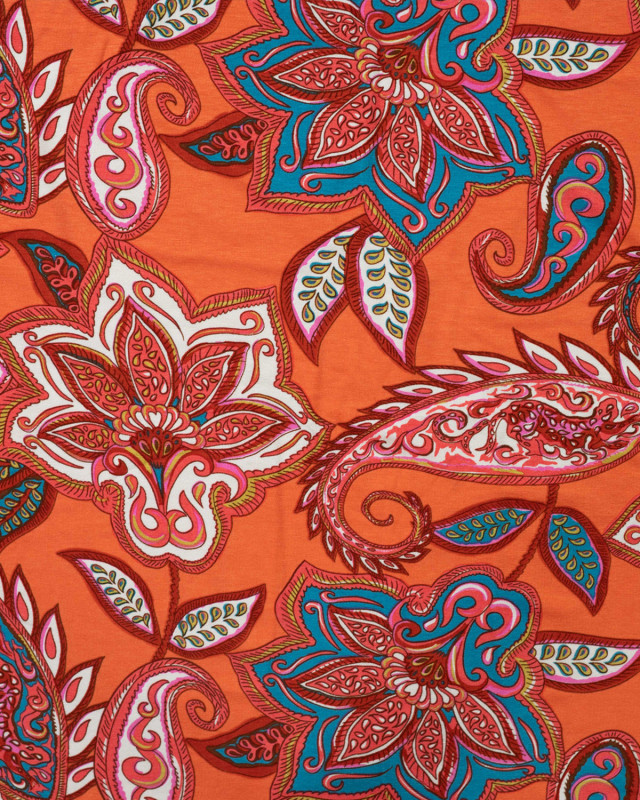 Jersey de Viscose Corail Motif Cachemire Rose et Bleu - Mercerine