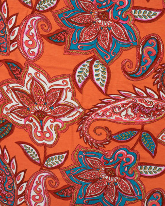 Jersey de Viscose Corail Motif Cachemire Rose et Bleu - Mercerine