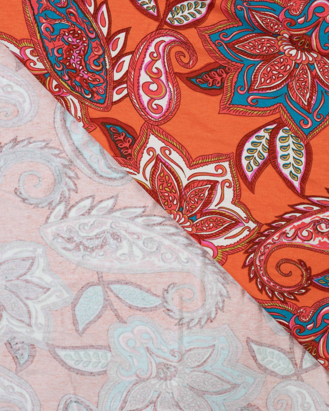 Jersey de Viscose Corail Motif Cachemire Rose et Bleu - Mercerine