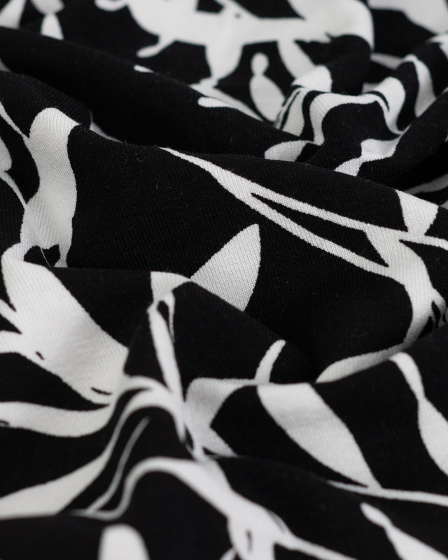 Jersey de Viscose Noir Motif Fleuillage Blanc - Mercerine