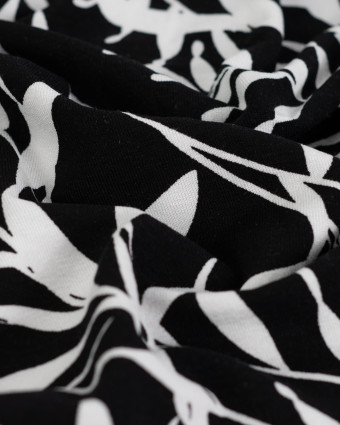 Jersey de Viscose Noir Motif Fleuillage Blanc - Mercerine