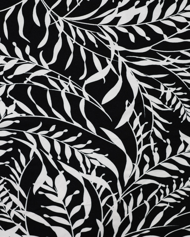 Jersey de Viscose Noir Motif Fleuillage Blanc - Mercerine