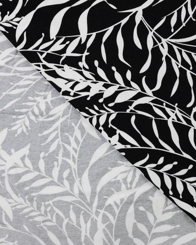 Jersey de Viscose Noir Motif Fleuillage Blanc - Mercerine