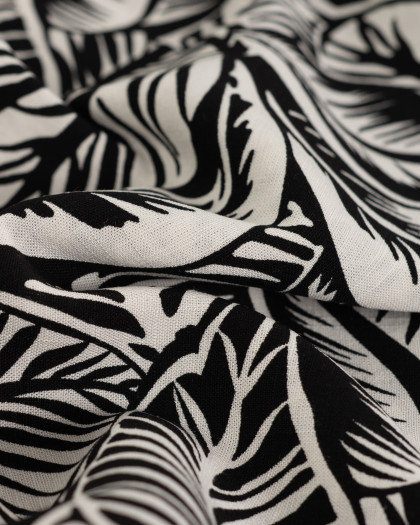 Tissu Rayonne Stretch Motif Feuillage Noir et Ecru - Mercerine