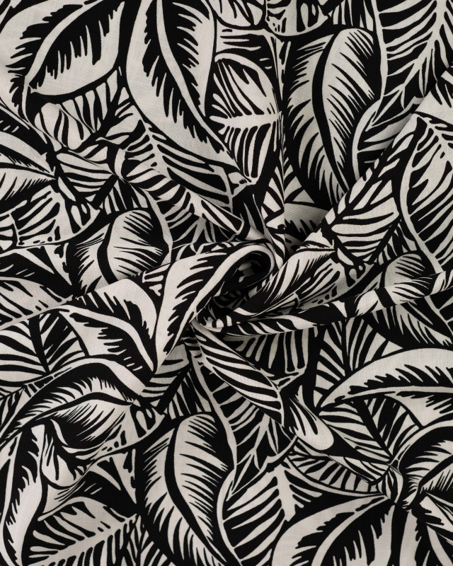 Tissu Rayonne Stretch Motif Feuillage Noir et Ecru - Mercerine