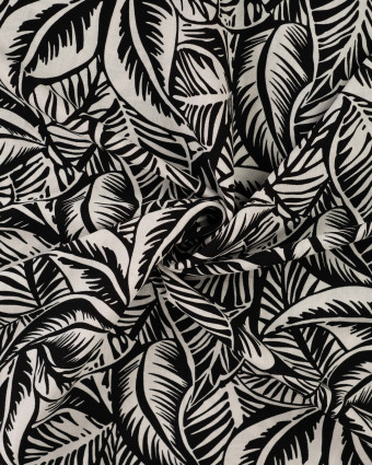 Tissu Rayonne Stretch Motif Feuillage Noir et Ecru - Mercerine