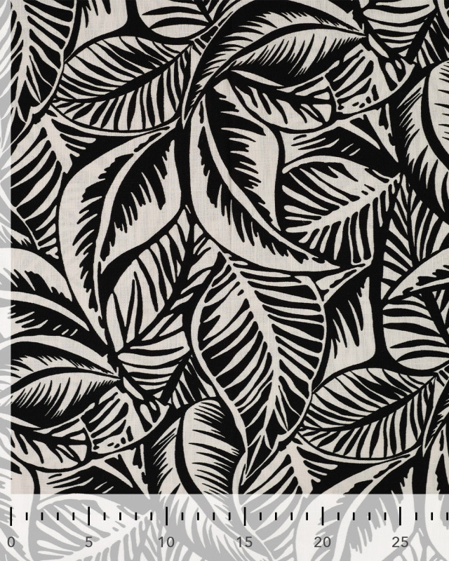 Tissu Rayonne Stretch Motif Feuillage Noir et Ecru - Mercerine