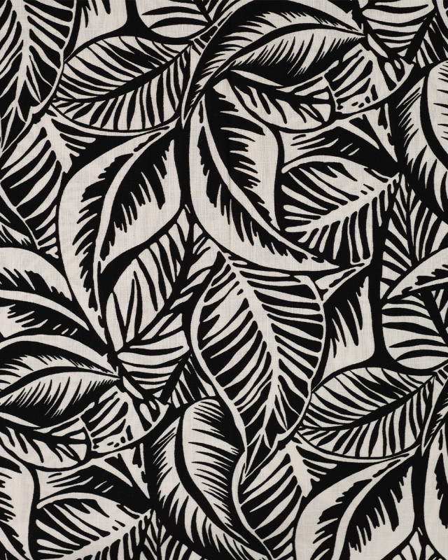 Tissu Rayonne Stretch Motif Feuillage Noir et Ecru - Mercerine