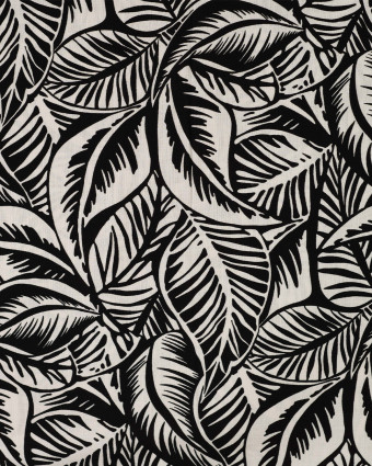 Tissu Rayonne Stretch Motif Feuillage Noir et Ecru - Mercerine