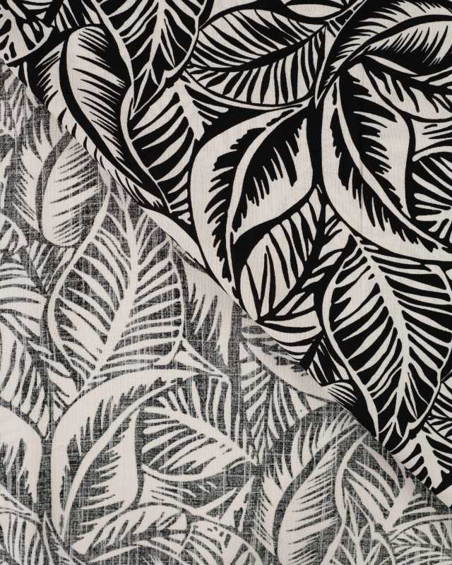 Tissu Rayonne Stretch Motif Feuillage Noir et Ecru - Mercerine