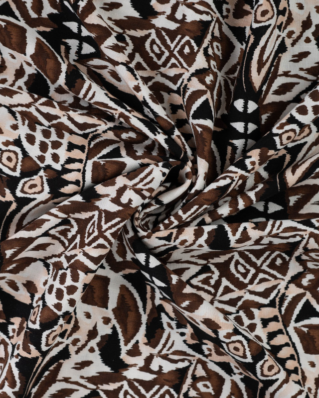 Tissu Rayonne Stretch Motif Ethnique Noir et Marron - Mercerine
