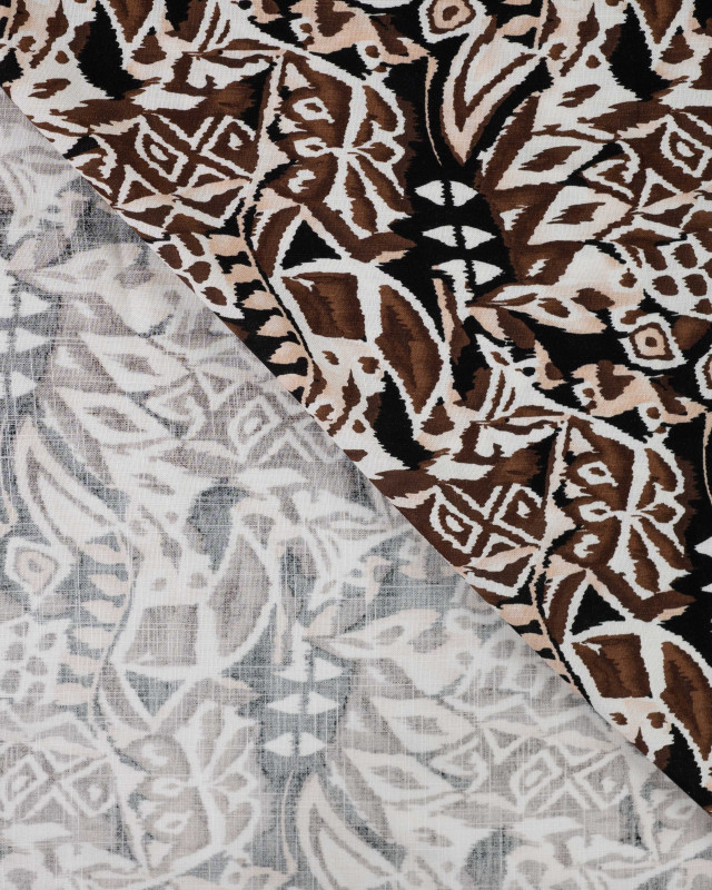 Tissu Rayonne Stretch Motif Ethnique Noir et Marron - Mercerine