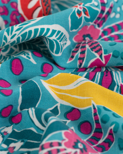 Tissu Rayonne Stretch  Motif Floral Palmier Bleu - Mercerine
