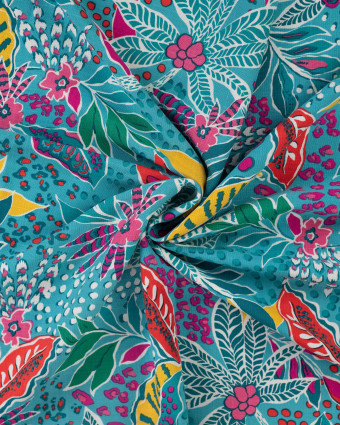 Tissu Rayonne Stretch  Motif Floral Palmier Bleu - Mercerine