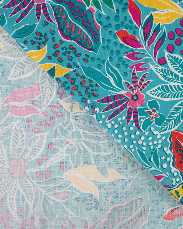 Tissu Rayonne Stretch  Motif Floral Palmier Bleu - Mercerine