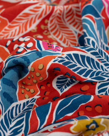 Tissu Rayonne Stretch Motif Floral Palmier Rouge - Mercerine
