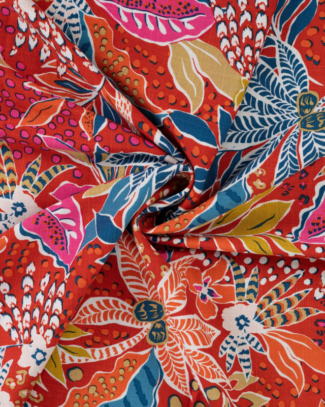 Tissu Rayonne Stretch Motif Floral Palmier Rouge - Mercerine