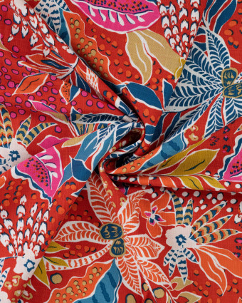Tissu Rayonne Stretch Motif Floral Palmier Rouge - Mercerine
