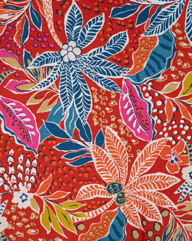 Tissu Rayonne Stretch Motif Floral Palmier Rouge - Mercerine