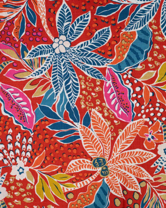 Tissu Rayonne Stretch Motif Floral Palmier Rouge - Mercerine