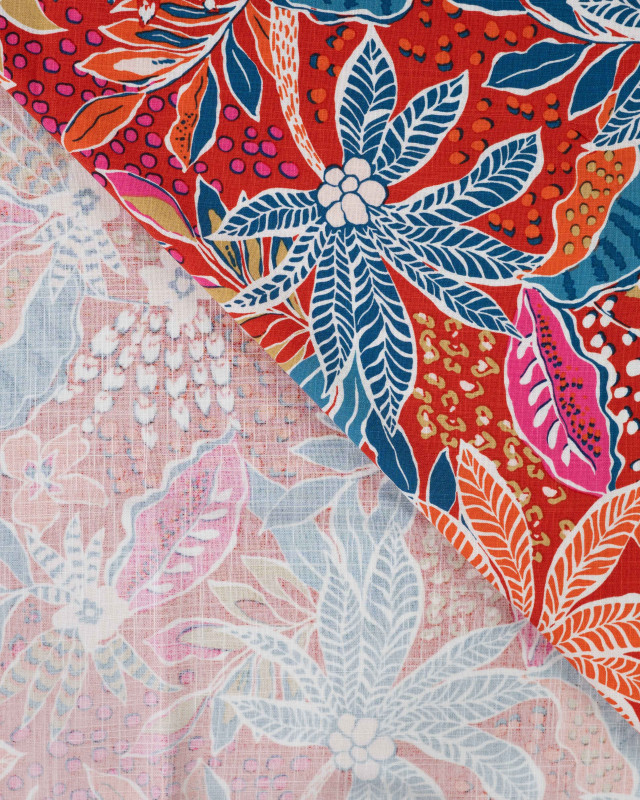 Tissu Rayonne Stretch Motif Floral Palmier Rouge - Mercerine