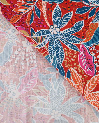 Tissu Rayonne Stretch Motif Floral Palmier Rouge - Mercerine