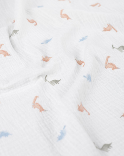 Tissu Double Gaze Ecru Petits Dinosaures - Mercerine
