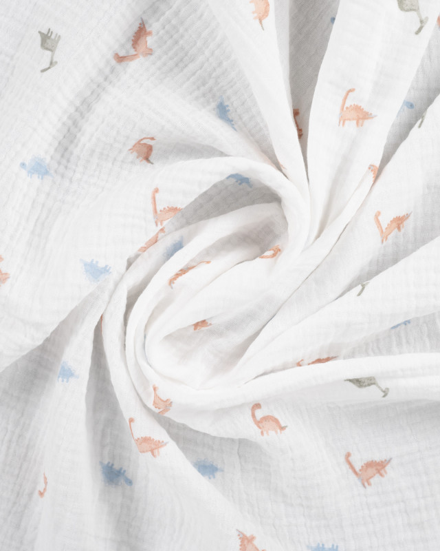 Tissu Double Gaze Ecru Petits Dinosaures  - Mercerine