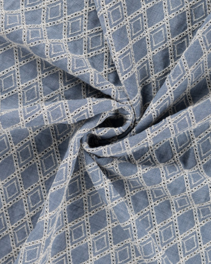 Tissu Coton Brodé Bleu Jean Géométrique - Mercerine