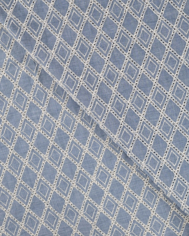 Tissu Coton Brodé Bleu Jean Géométrique - Mercerine